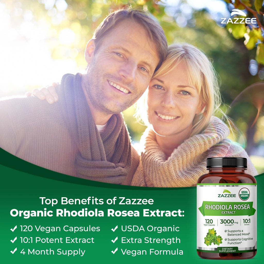 Zazzee USDA Organic Rhodiola 10:1 Extract, 120 Capsules, 4 Month Supply | Energy, Stress & Mental Focus Support, Rhodiola Rosea, Organic Herbal Supplement, All-Natural, Non-GMO, Made in the USA