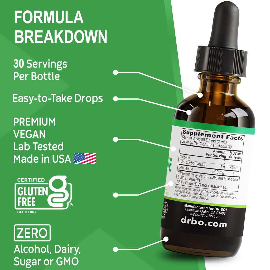 L Theanine 200mg Liquid Drops - Natural Sleep Support & Focus Supplement for Kids & Adults - Vegan, Non-GMO, Gluten Free 200mg Pure L-Theanine Drops Liquid Supplements, Mood Ltheanine for Kids 2 FL Oz
