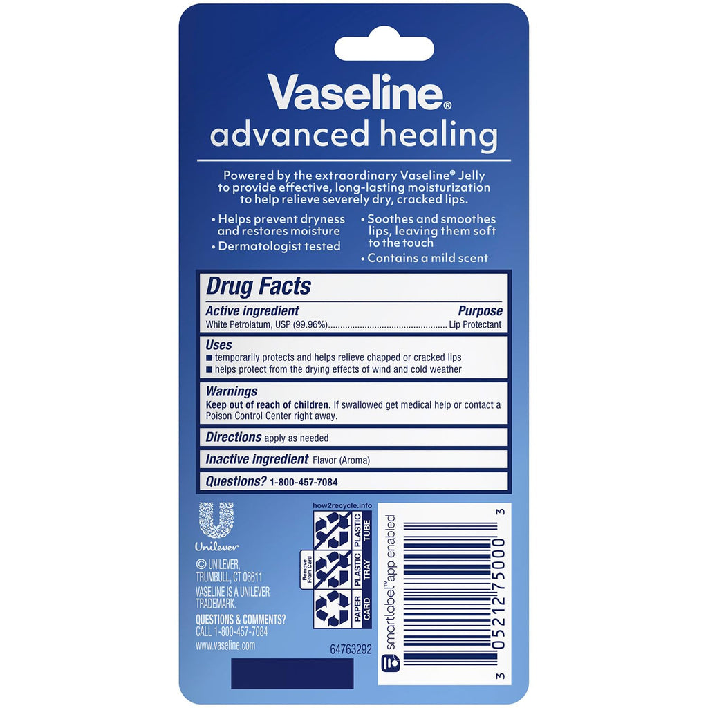 Vaseline Lip Therapy Advanced Healing Lip Moisturizer 3-Pack, 0.35 Oz Ea | #1 Dermatologist-Recommended Skin Protectant, Healing Ointment for Soothing Dry, Chapped Lips | Travel Essentials