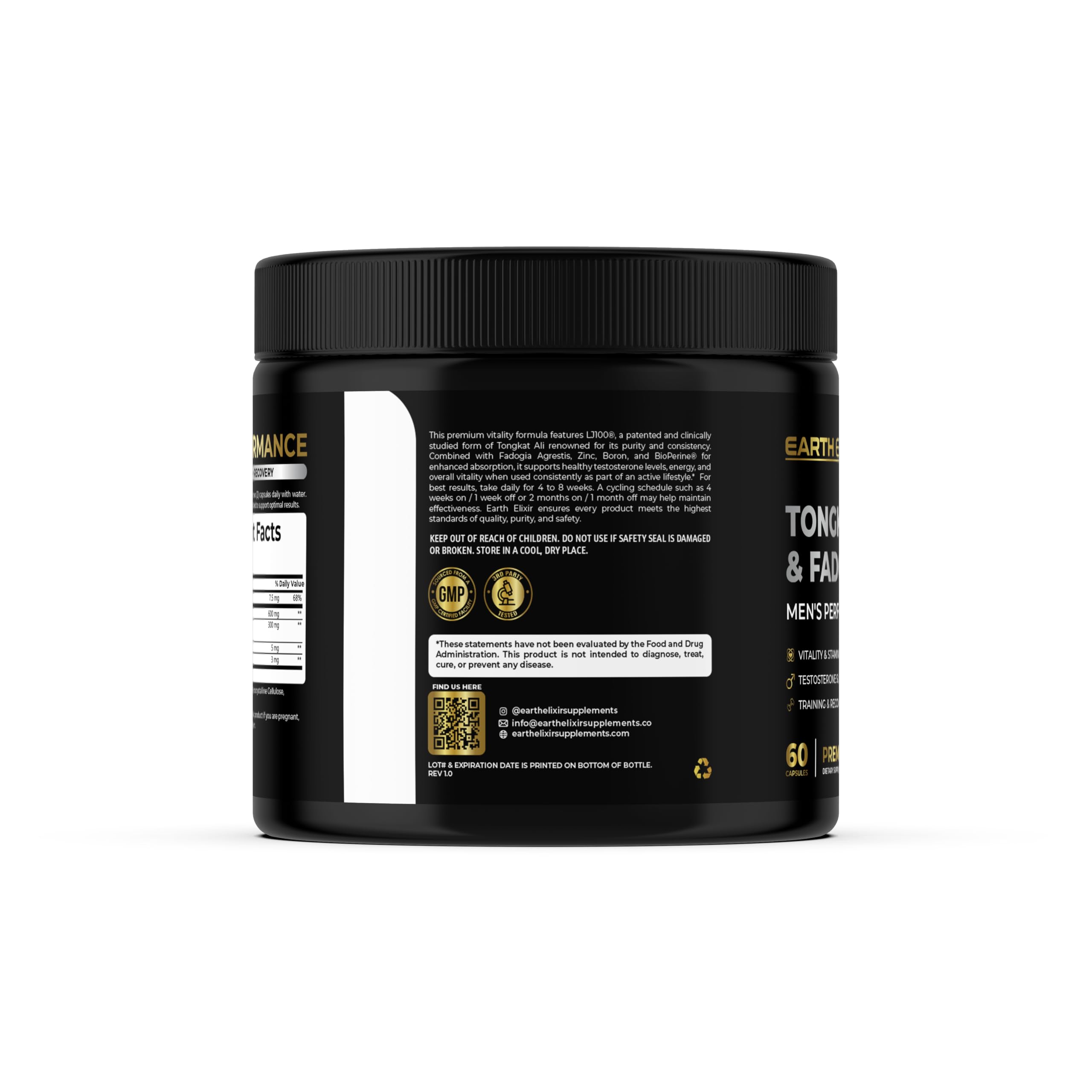 Earth Elixir LJ100 Tongkat Ali & Fadogia Agrestis for Men – Natural Testosterone Supplement - Made in USA & 3rd Party Tested for Strength, Energy & Vitality - Clinically Studied Tongkat Ali LJ100