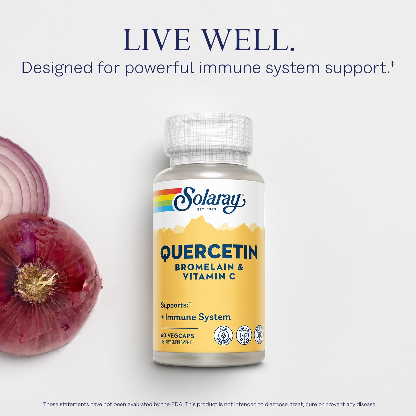 SOLARAY Quercetin Bromelain & Vitamin C (60 CT, 20 Serv) | Immune, Sinus & Antioxidant Support, Quercetin 500 mg, Vitamin C 1, 235 mg, 30 Servings, Vegan & Lab Verified