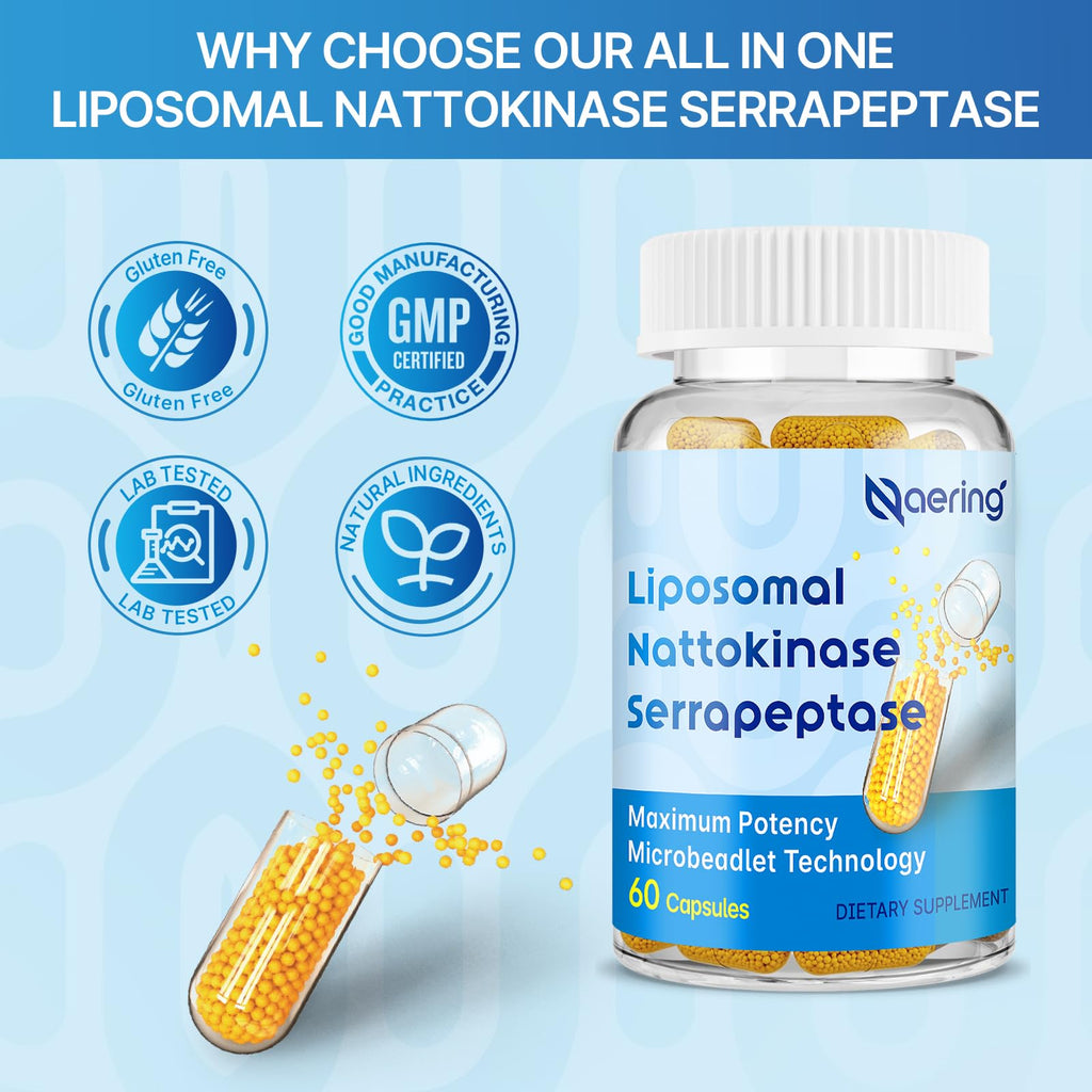 Liposomal Nattokinase 12,000 FU Serrapeptase 360,000 SPU Enzyme Supplement | Enriched with Synergistic Enzymes and Nutrient Blend & Inulin for Circulatory, Gut, Digestion 60 Capsules (2 Bottle)