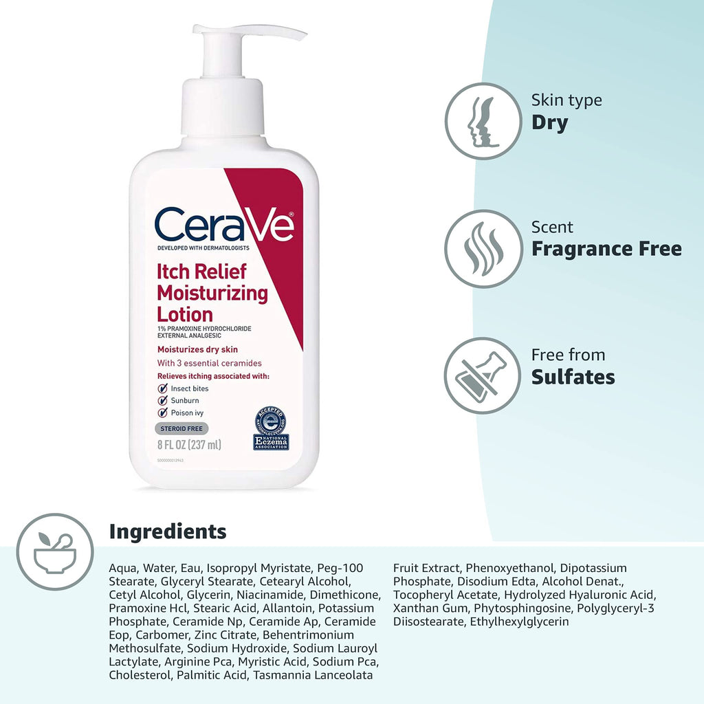 CeraVe Anti Itch Lotion, Hyaluronic Acid Body Moisturizer for Dry Skin,16oz | Fast-Acting Skin Care Formula with Niacinamide Acts As A Soothing Anti Itch Cream For Sunburn and Bug Bite Relief