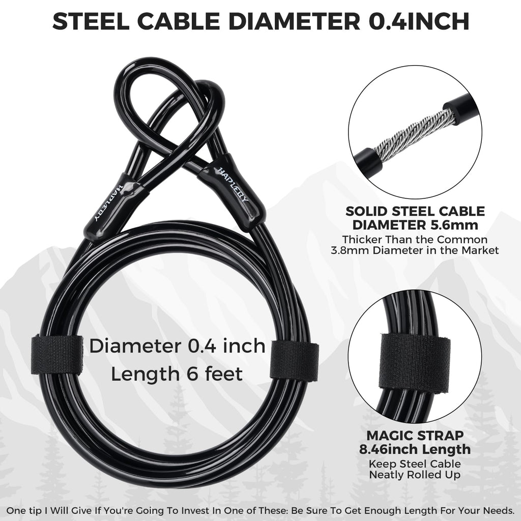 Hapleby Premium Bike Lock Set with 2 Keys, Bike U-Lock with 6 Feet Thickened Solid Steel Cable, Heavy Duty Anti Theft Bicycle U-Lock with Mounting Bracket for Road, Mountain, Folding Bike and Scooter