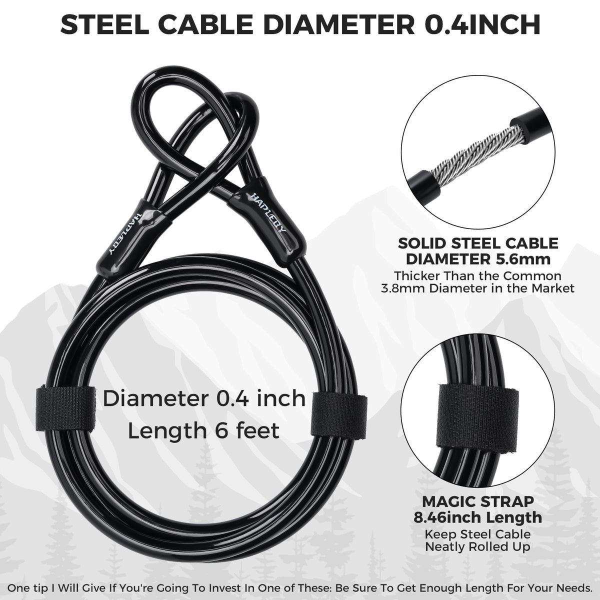Hapleby Premium Bike Lock Set with 2 Keys, Bike U-Lock with 6 Feet Thickened Solid Steel Cable, Heavy Duty Anti Theft Bicycle U-Lock with Mounting Bracket for Road, Mountain, Folding Bike and Scooter