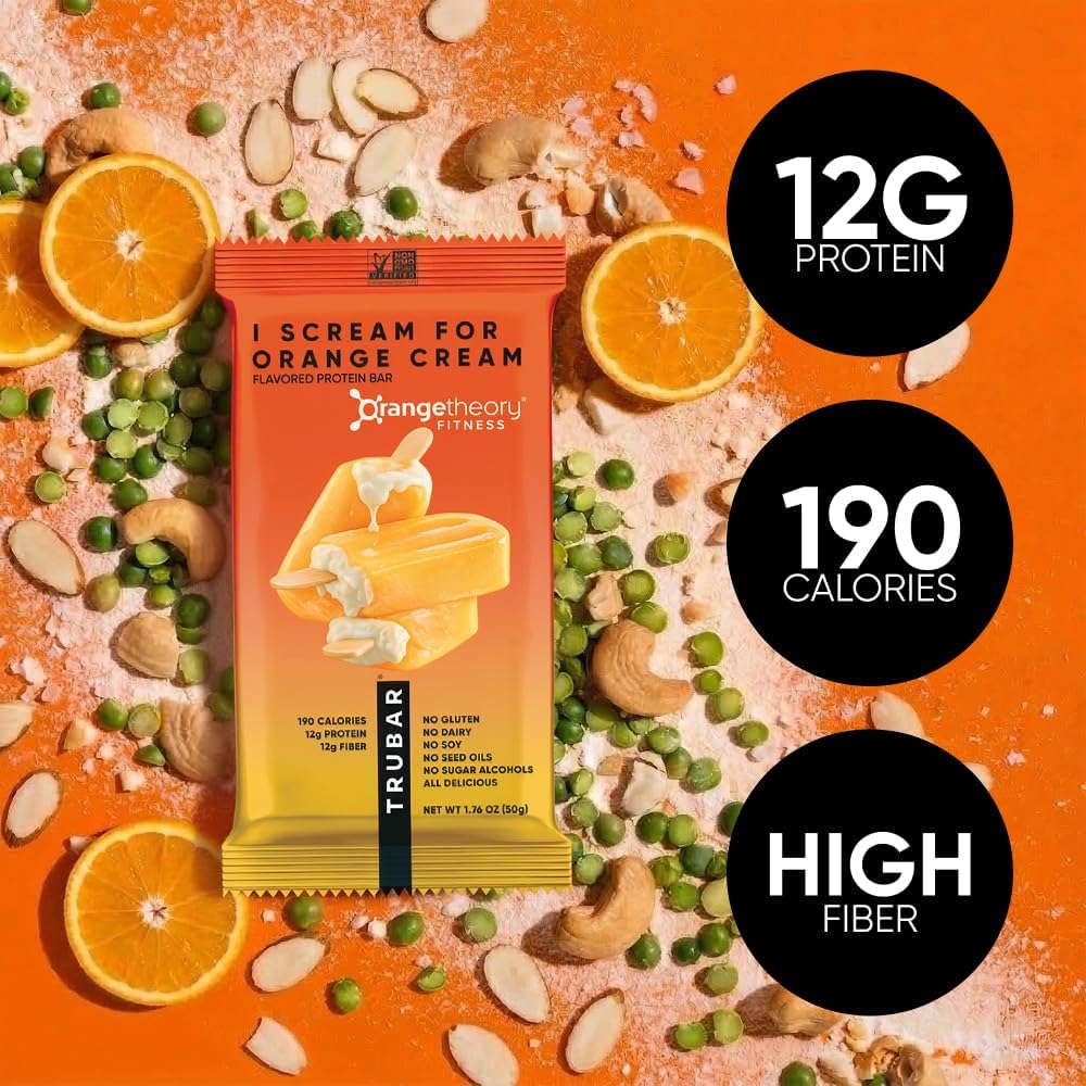 TRUBAR Vegan Protein Bar, I Scream for Orange Cream, Gluten Free, Plant Based Protein, Dairy Free, Non GMO, Soy Free, No Sugar Alcohols, 12G Protein, 13G Fiber, Healthy on the Go Snack Bars, 12 CT