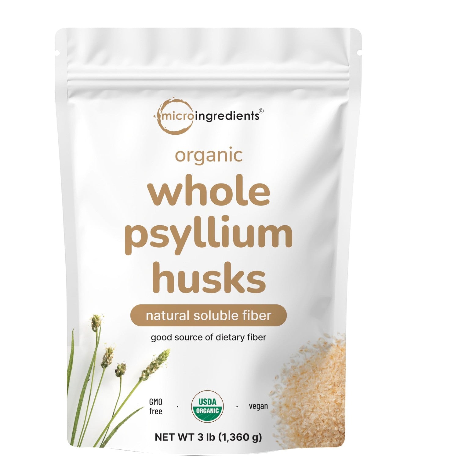 Micro Ingredients Organic Whole Psyllium Husks, 3lbs | Daily Soluble Fiber Supplement | Sourced from India | Ideal for Oatmeal, Coffee & Beverage | Unflavored, Non-GMO, Keto Friendly, Vegan