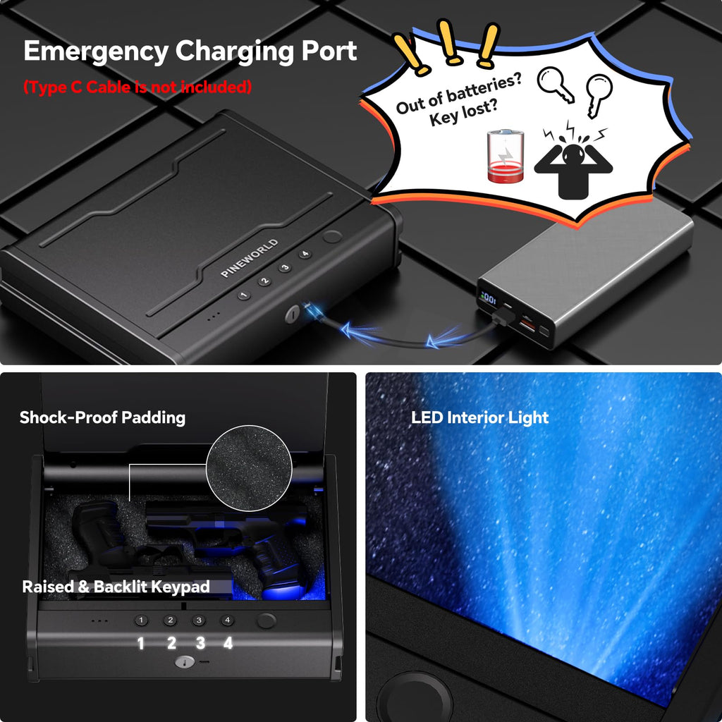 PINEWORLD Biometric Fingerprint Handgun Safe with Raised Backlit Keypad&Key