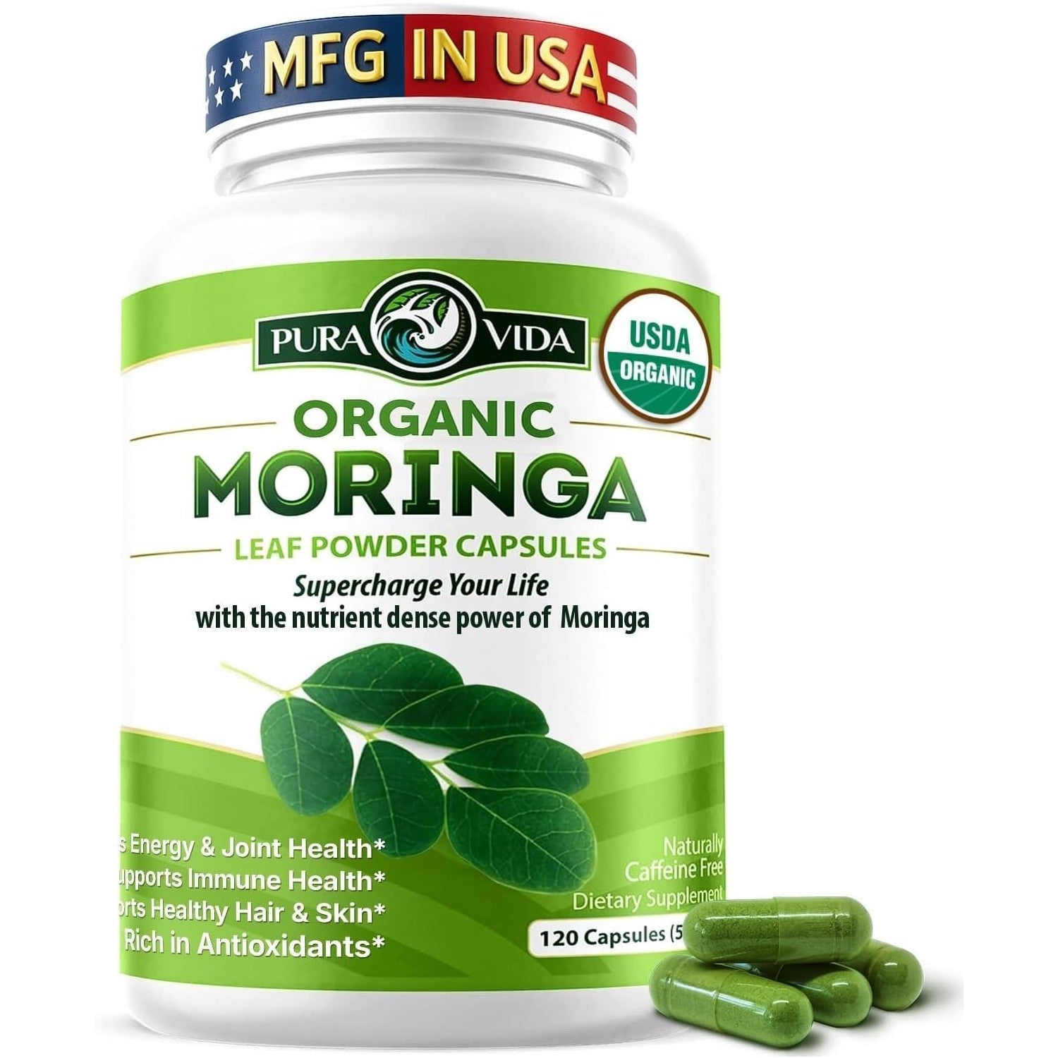 PURA VIDA MORINGA Organic Moringa Capsules, Pure Moringa Leaf Powder Single Origin for Energy, Metabolism & Immune Support, 120ct, 500mg Caps