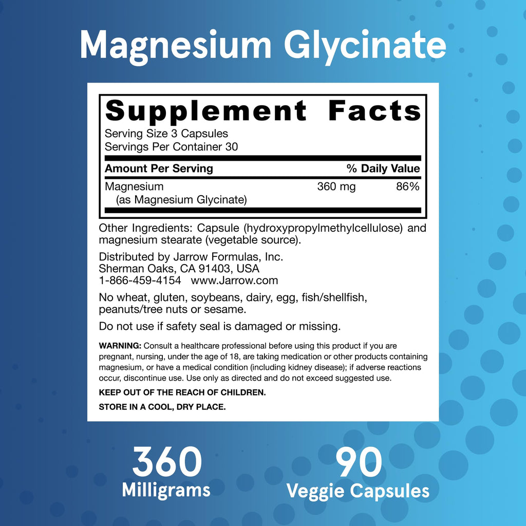 Jarrow Magnesium Glycinate, Support Relaxation & Healthy Sleep, 90 Capsules | 360mg per Serving, 90 Veggie Capsules, 30 Day Supply, Bioavailable Form of Magnesium, Gentle on Stomach