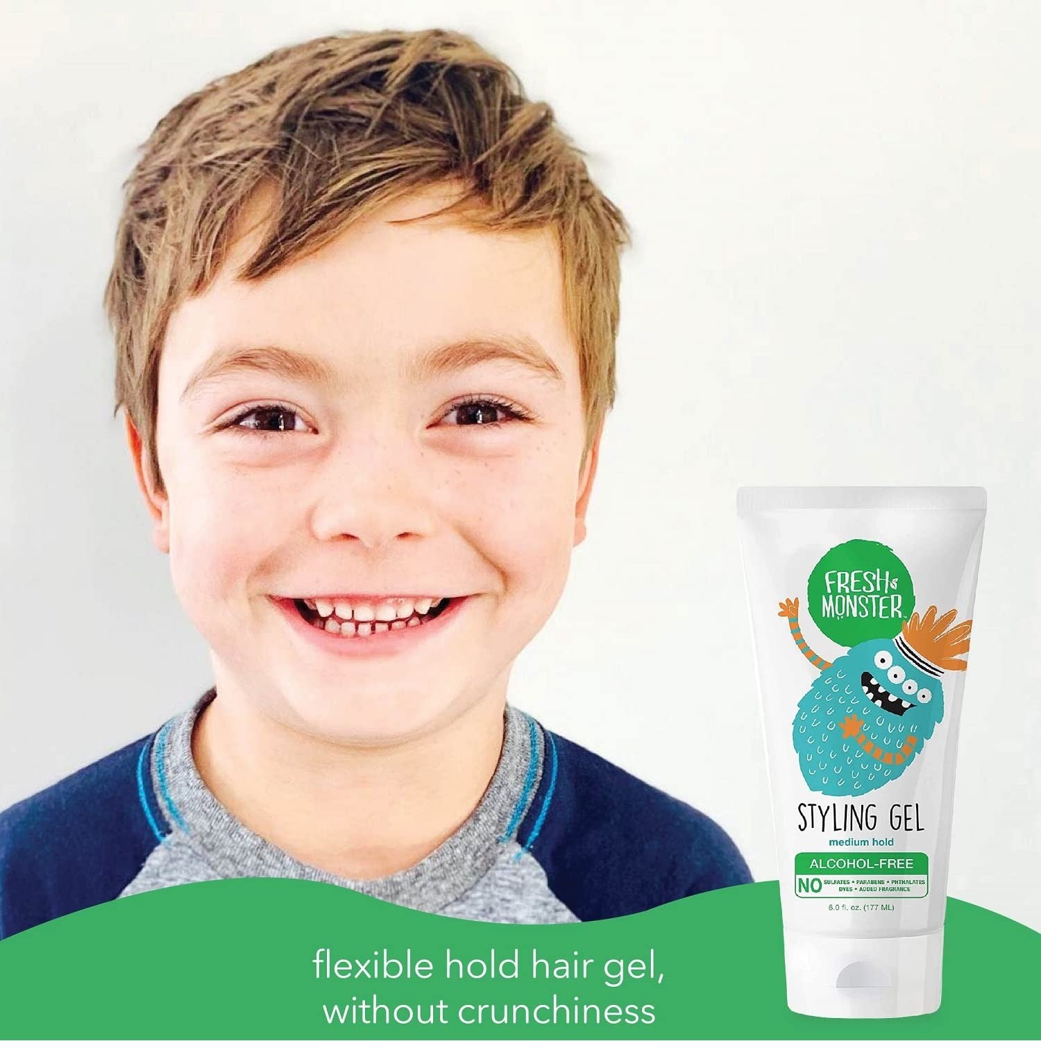 Fresh Monster Kids Hair Styling Gel, Medium Hold, Alcohol-Free, 6 oz | No Crunch or Stickiness, Toxin-Free, Sulfate/Fragrance Free, Hypoallergenic, Dermatologist Tested, Made in USA