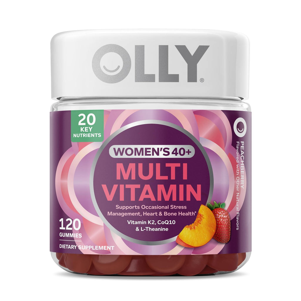 OLLY Women's 40+ Multi Gummies, 20 Key Nutrients Plus Vitamin K2, CoQ10, L-Theanine, Chewable Gummy Supplement, Peach Berry Flavored, 45 Day Supply - 120 Count