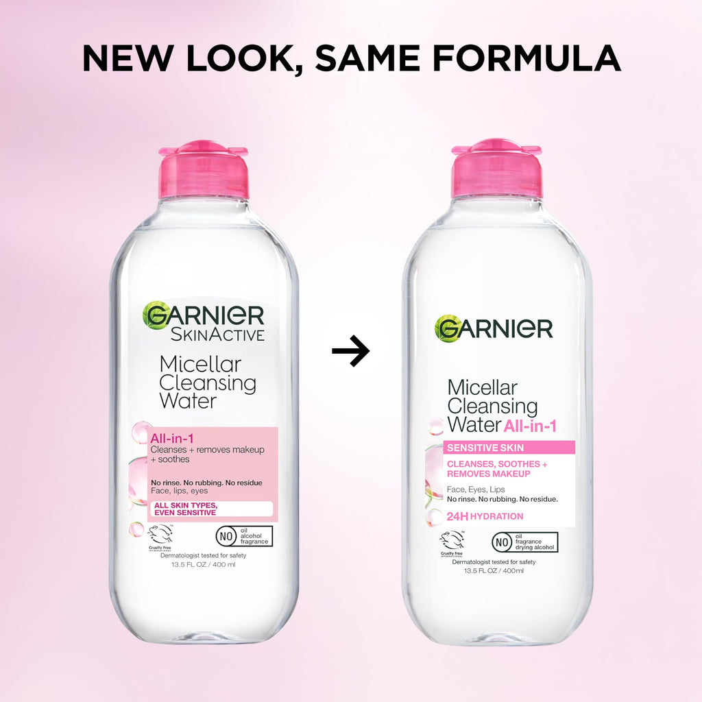Garnier Micellar Water, Hydrating Facial Cleanser & Makeup Remover, Suitable for Sensitive Skin, Vegan, Cruelty Free, 13.5 Fl Oz (400mL), 1 Count