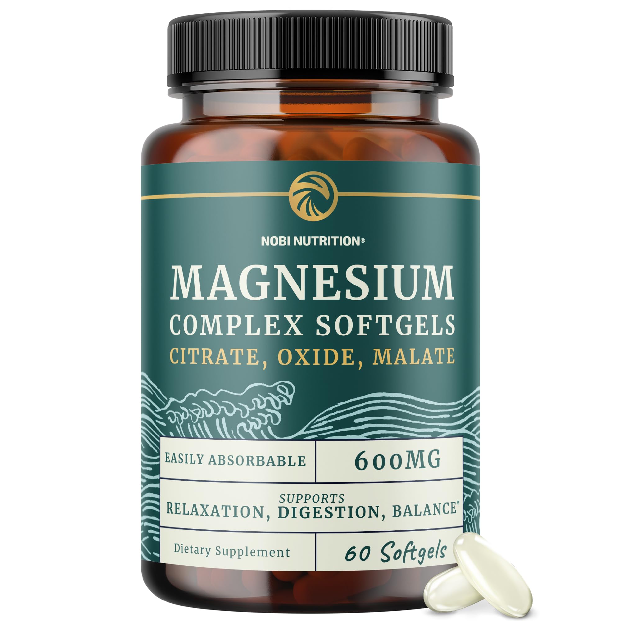 Triple Magnesium Softgels, Citrate Malate & Oxide, Highly Absorbable, 60 Ct | Magnesium Supplement for Digestion, Calm, Relaxation, Leg Cramps & Sleep Support, 600mg Complex, Easy to Swallow, 60 Softgels