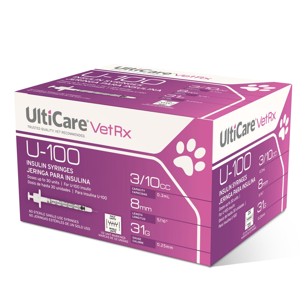 UltiCare VetRx U-100 Pet Insulin Syringes, 3/10cc, 31G x 5/16", 60 Ct