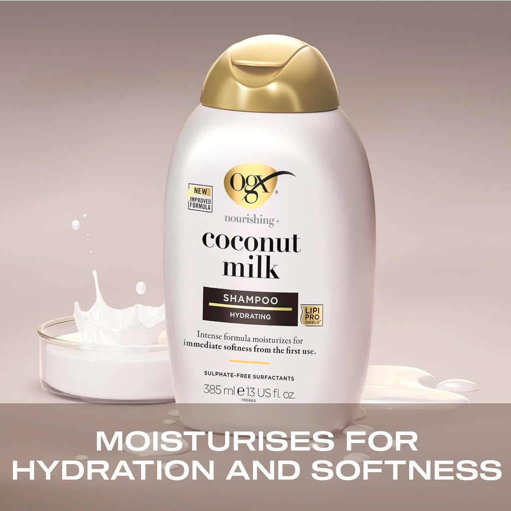 Buy now OGX Nourishing + Coconut Milk Moisturizing Shampoo, Hydrating & Restoring Shampoo Moisturizes for Soft Hair After the First Use, Paraben-Free, Sulfate-Free Surfactants, 13 fl. oz at indiglob india