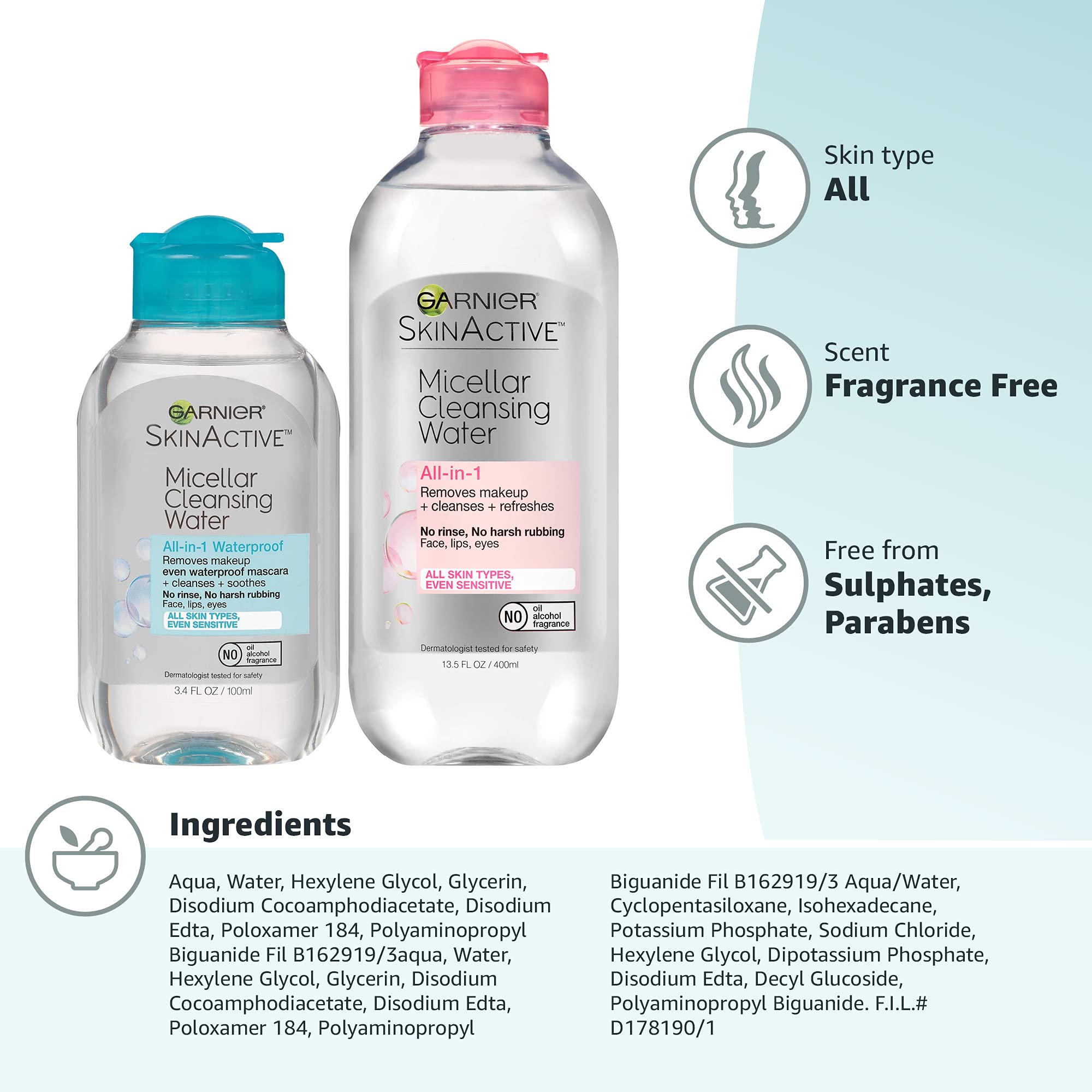 Buy now Garnier Micellar Cleansing Water, For All Skin Types, 13.5 fl oz + Micellar Cleansing Water, For Waterproof Makeup, 3.4 fl oz at indiglob india