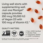 Sports Research® Vegan Vitamin D3 + K2 w/Coconut Oil, 60 Count Plantgels™ | Plant-Based Vitamin D 10,000iu/250mcg & Soy-Free Vitamin K 100mcg for Bone & Immune Support - Vegan Certified · Non-GMO