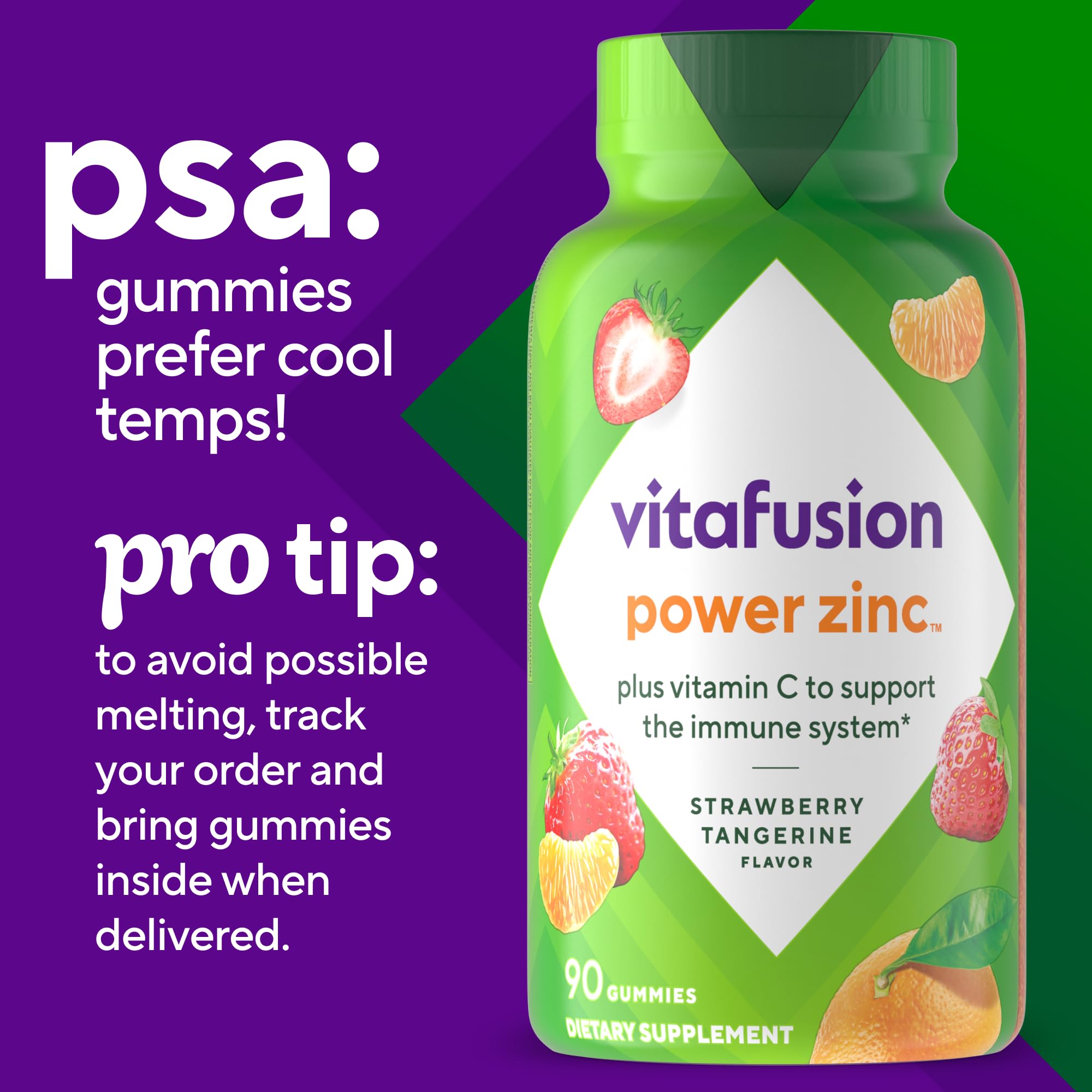 Vitafusion Power Zinc Gummies | 90 Adult Gummy Vitamins | for Women & Men | Zinc Gluconate Supplement | Strawberry Tangerine Flavor | Gluten-Free Formula