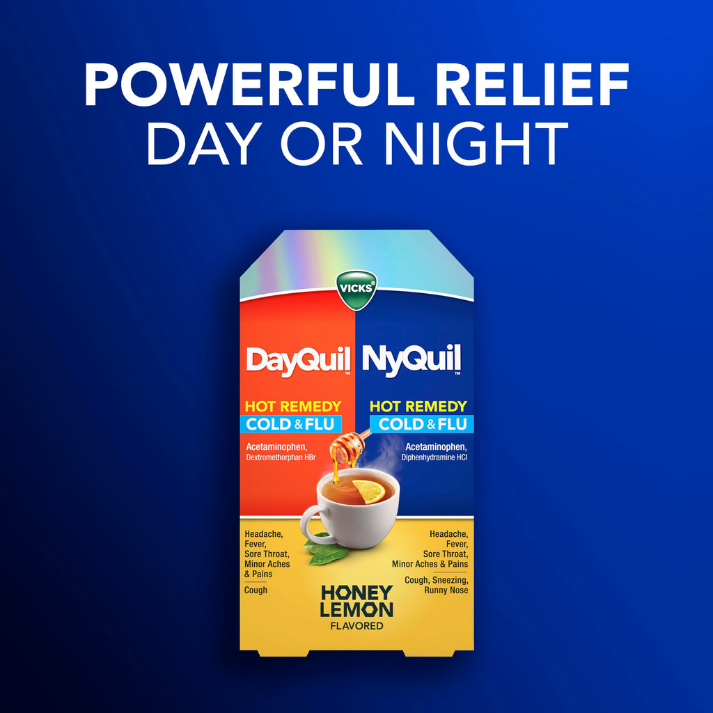 Buy now Vicks DayQuil & NyQuil Hot Remedy Cold & Flu Powder Mix, Over-The-Counter Medicine, Value Pack, Fast Relief for Headache, Fever, Sore Throat, Minor Aches and Pains, and Cough, 16 Packets at indiglob india