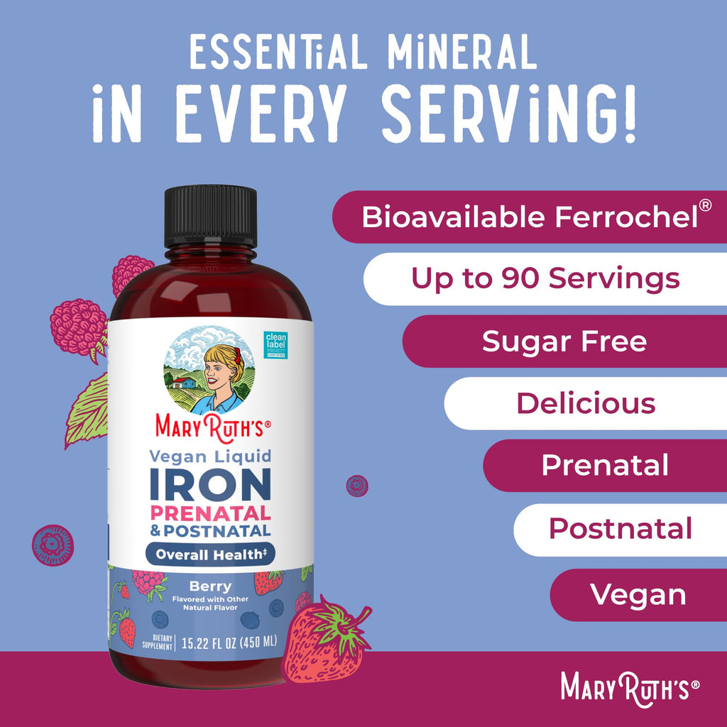 MaryRuth's Prenatal & Postnatal Iron Liquid, Sugar Free, Vegan, 15.22 Fl Oz | Bioavailable Ferrochel, Red Blood Cell Production, Sugar Free, Vegan, Non-GMO