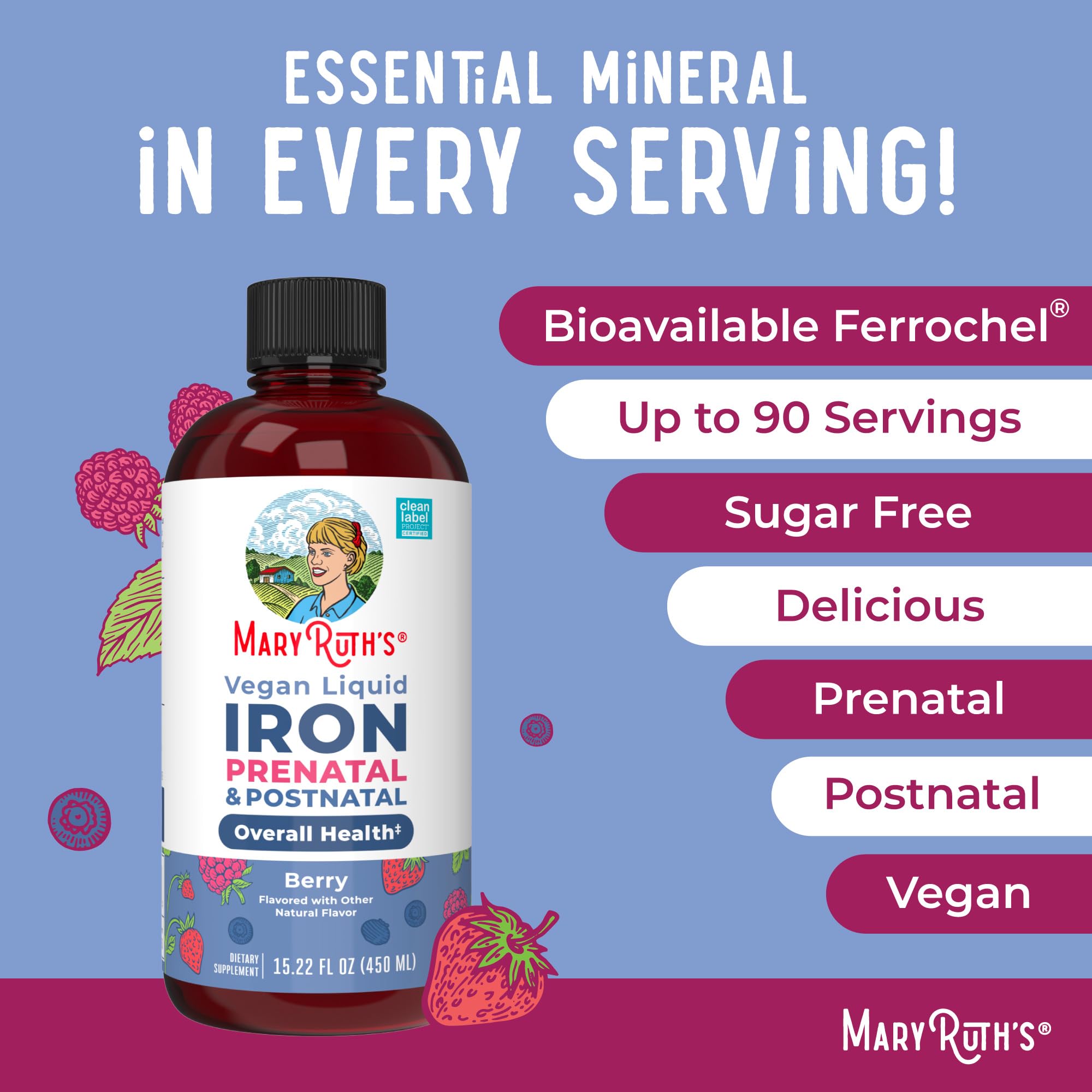 MaryRuth's Prenatal & Postnatal Iron Liquid, Sugar Free, Vegan, 15.22 Fl Oz | Bioavailable Ferrochel, Red Blood Cell Production, Sugar Free, Vegan, Non-GMO