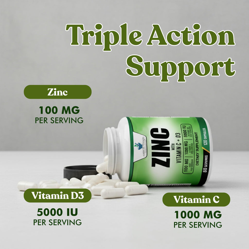 American Standard Supplements Zinc 100mg, Vitamin C 1000mg, and Vitamin D3 5000 IU (125mcg) Per Serving - Gluten Free, Non-GMO, 120 Capsules, 60 Servings