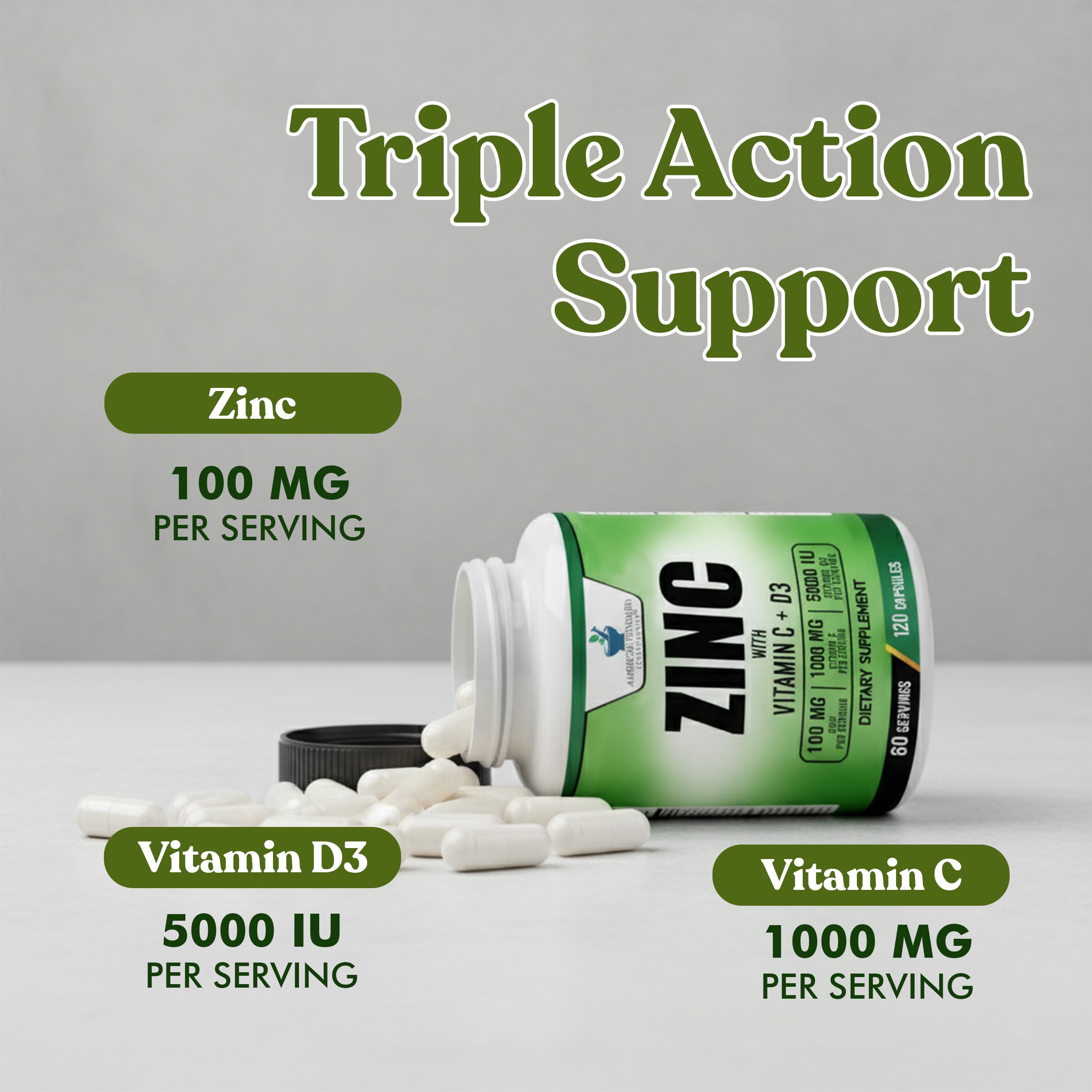 American Standard Supplements Zinc 100mg, Vitamin C 1000mg, and Vitamin D3 5000 IU (125mcg) Per Serving - Gluten Free, Non-GMO, 120 Capsules, 60 Servings
