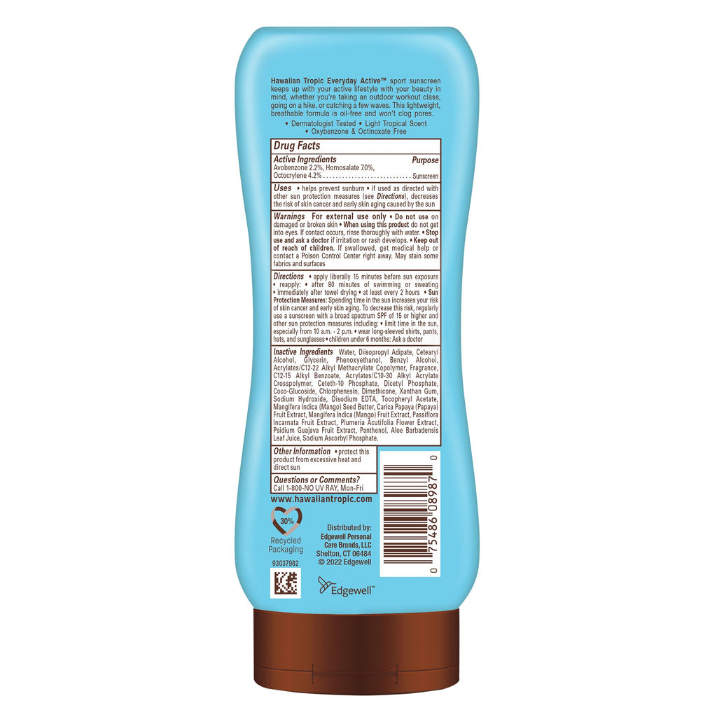 Hawaiian Tropic Island Sport Sunscreen Lotion, Ultra Light, High Performance Protection, SPF 30, Coconut, 8 Oz | Lightweight sport sunscreen, Sweat and water resistant sunblock, UVA/UVB broad spectrum protection, Iconic tropical scent