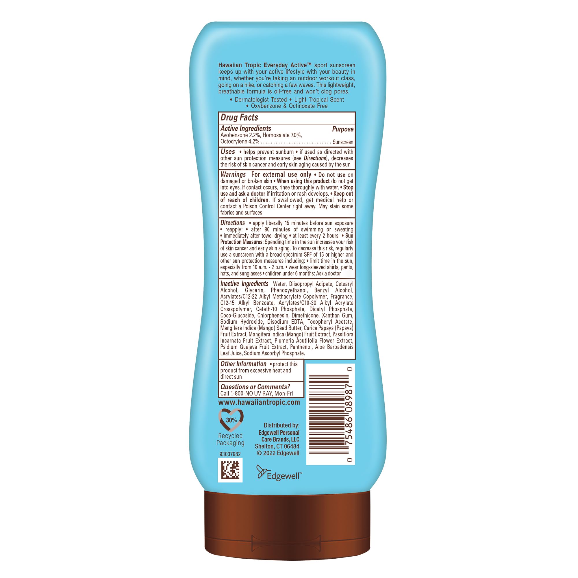 Hawaiian Tropic Island Sport Sunscreen Lotion, Ultra Light, High Performance Protection, SPF 30, Coconut, 8 Oz | Lightweight sport sunscreen, Sweat and water resistant sunblock, UVA/UVB broad spectrum protection, Iconic tropical scent
