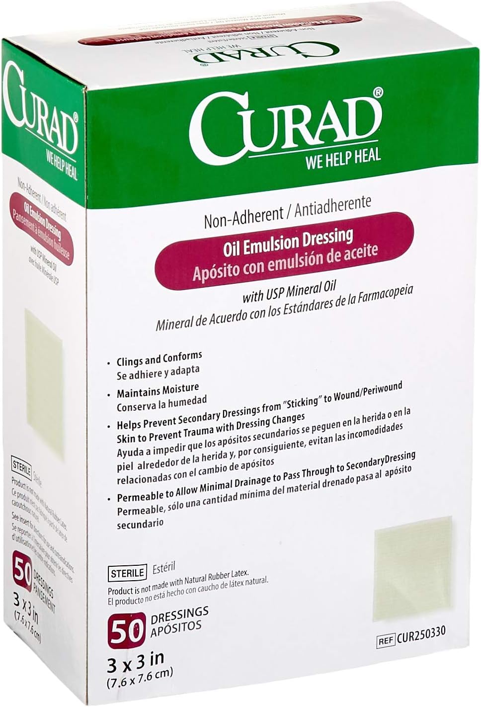 Curad Sterile Oil Emulsion Non-Adherent Gauze Dressing, 3x3 inches, for Minor Burns, Abrasions, 50 Count (Pack of 1)