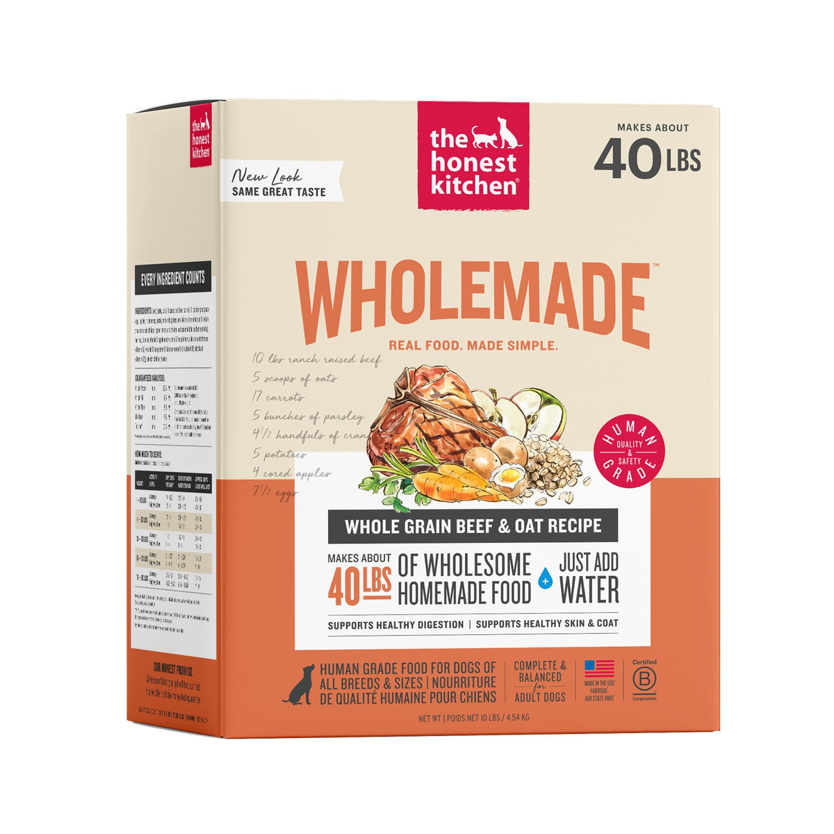 The Honest Kitchen Wholemade Whole Grain Beef Recipe, Human Grade Dehydrated Dog Food, Just Add Water, Supports Digestion, Skin & Coat, Topper for Dry or Wet Dog Food, 10 lb Box Makes 40 lbs