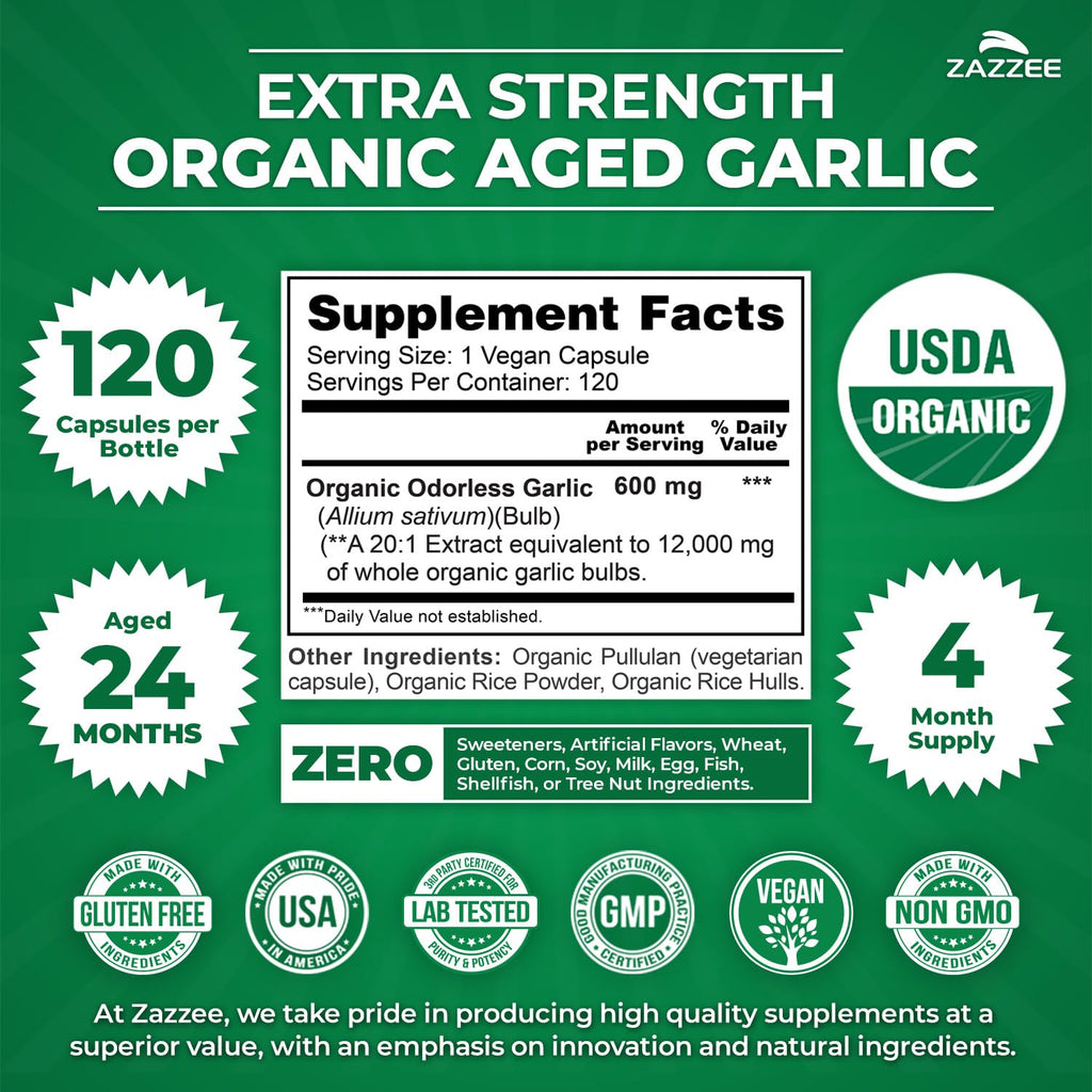 Zazzee USDA Organic Aged Garlic 20:1 Extract, Aged 24 Months, Odorless