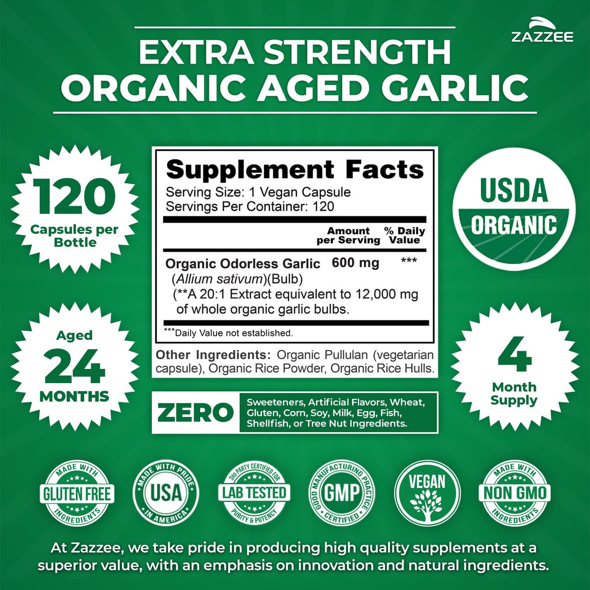 Zazzee USDA Organic Aged Garlic 20:1 Extract, Aged 24 Months, Odorless