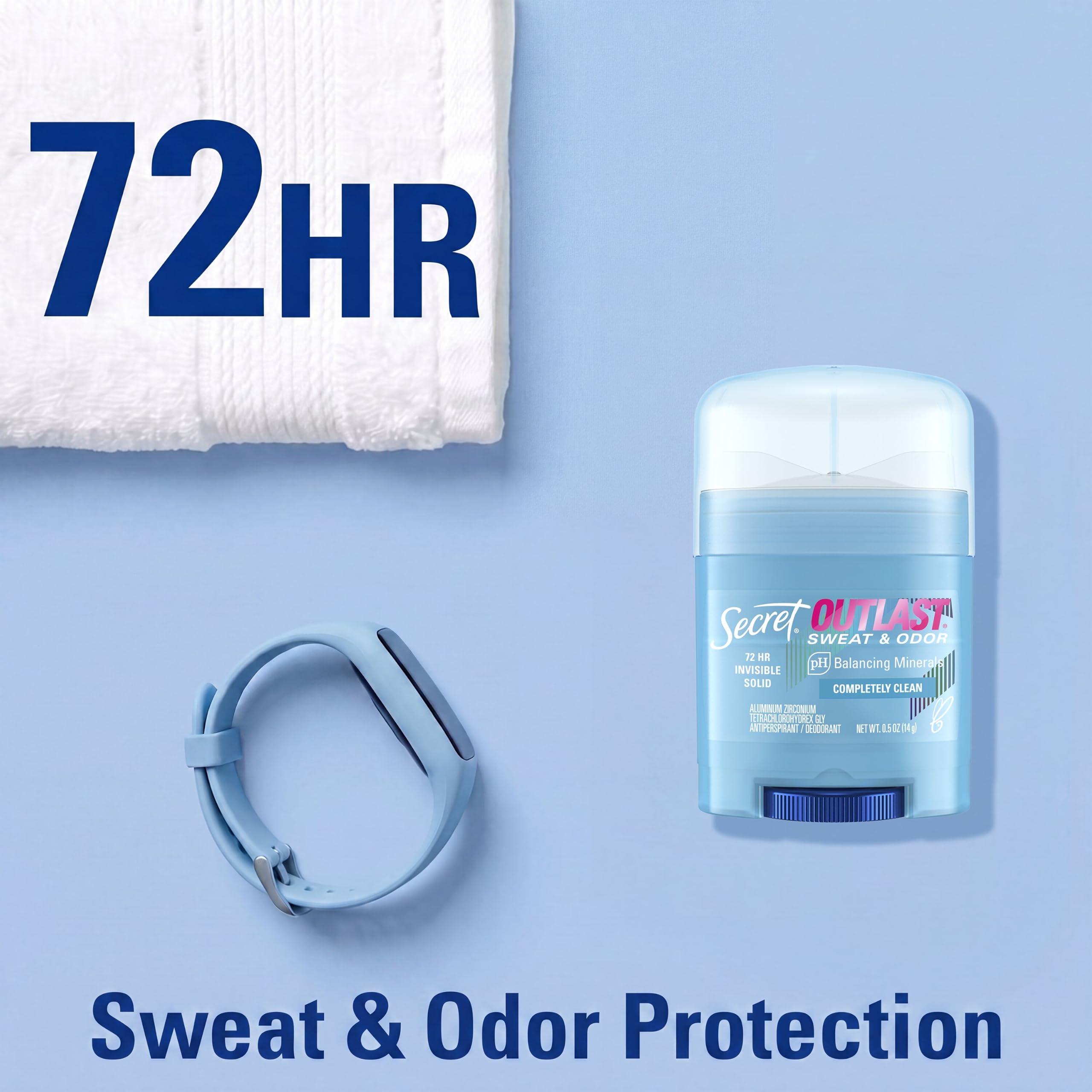 Secret Outlast Antiperspirant Deodorant for Women, 72hr Sweat & Odor Protection, PH Balancing Minerals, Invisible Solid, Completely Clean Scent, Travel Size, 0.5 oz