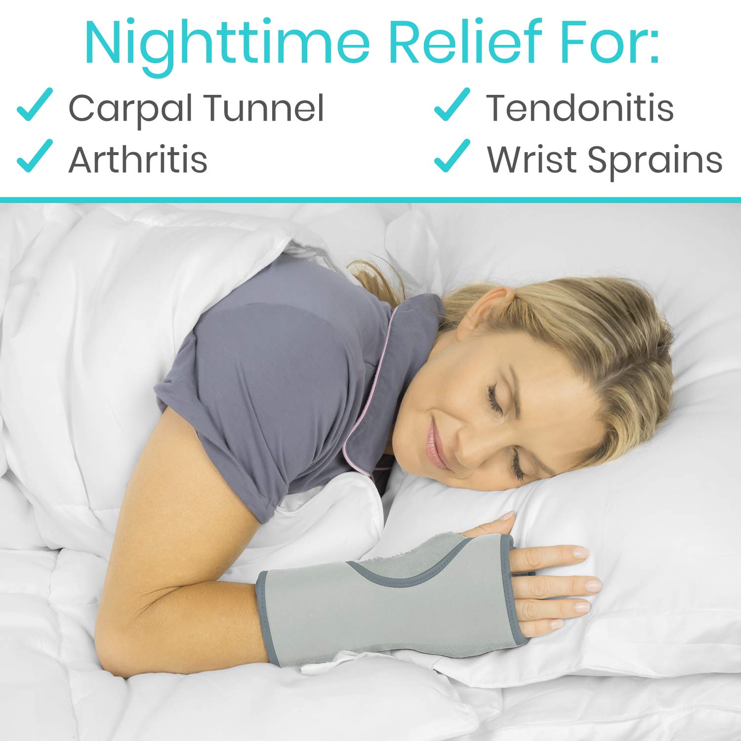 Buy now Vive Night Wrist Splint Brace - Left, Right Hand Sleep Support Wrap - Breathable & Lightweight Cushion Compression Arm Stabilizer for Carpal Tunnel, Men, Women, Kids, Tendonitis, Sports Pain at indiglob india