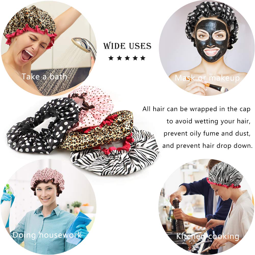 4 Pcs Shower Cap for Women Double Waterproof Layers Reusable Elastic | Elastic, Reusable, Environmental Protection, Double Waterproof Layers