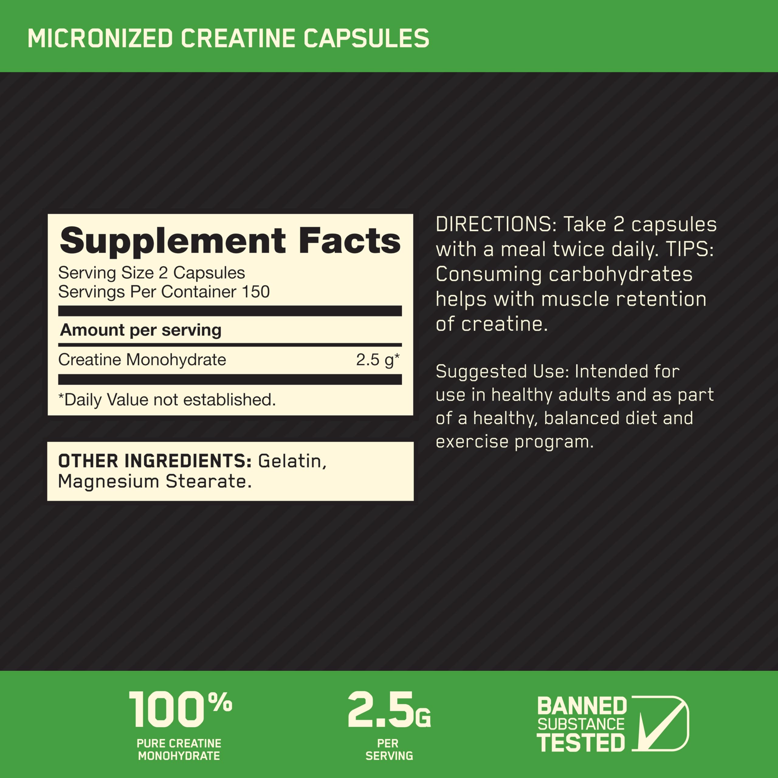 Optimum Nutrition Creatine, Micronized Creatine Monohydrate Capsules, Supports Strength & Recovery, Banned Substance Tested, 2.5g per Serving, 150 Servings, 300 Count