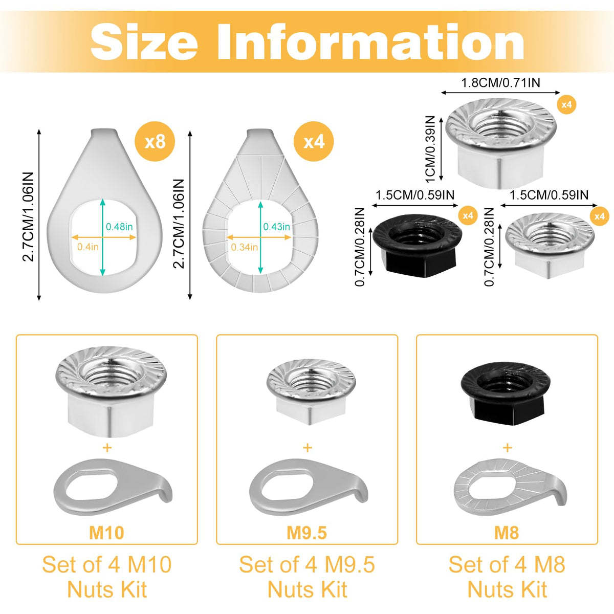 Bike Axle Nuts & Safety Washers for Wheel Hubs, M8/M9.5/M10