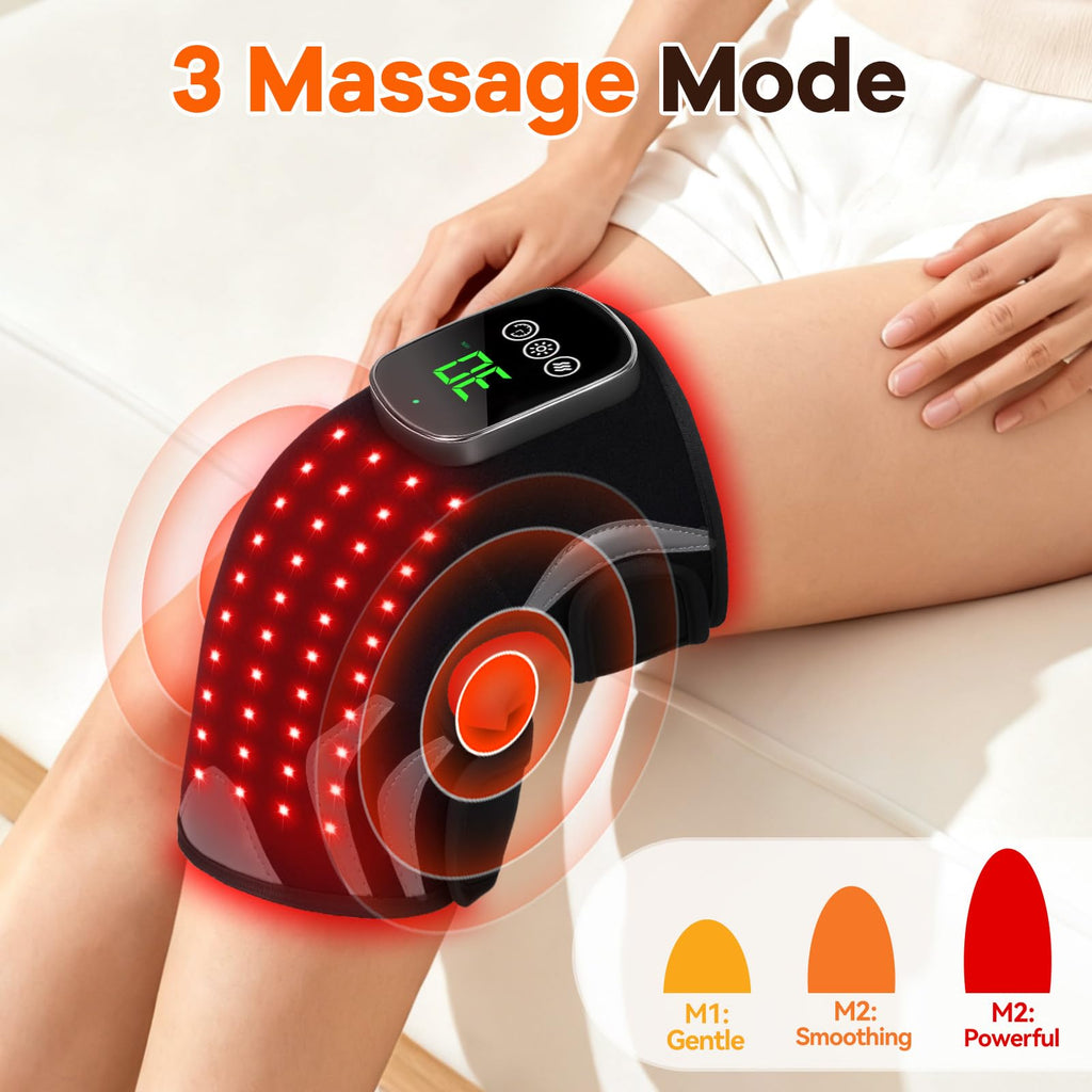 Red Light Therapy Knee Brace with Massage, 3 Vibration Knee Massager with 660nm 850nm Infrared Red Light, 5000mAh Cordless Electric Heated Knee Wrap for Knee Joint Elbow