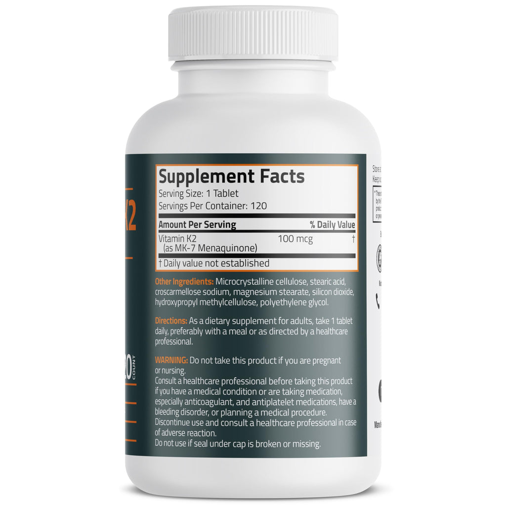 Bronson Vitamin K2 MK-7 100 mcg, K2 as MK7 Menaquinone, 120 Tablets | Helps Transport Calcium to Bones, Biologically Active Longer than Vitamin K1, Non-GMO, Gluten-Free & Soy-Free
