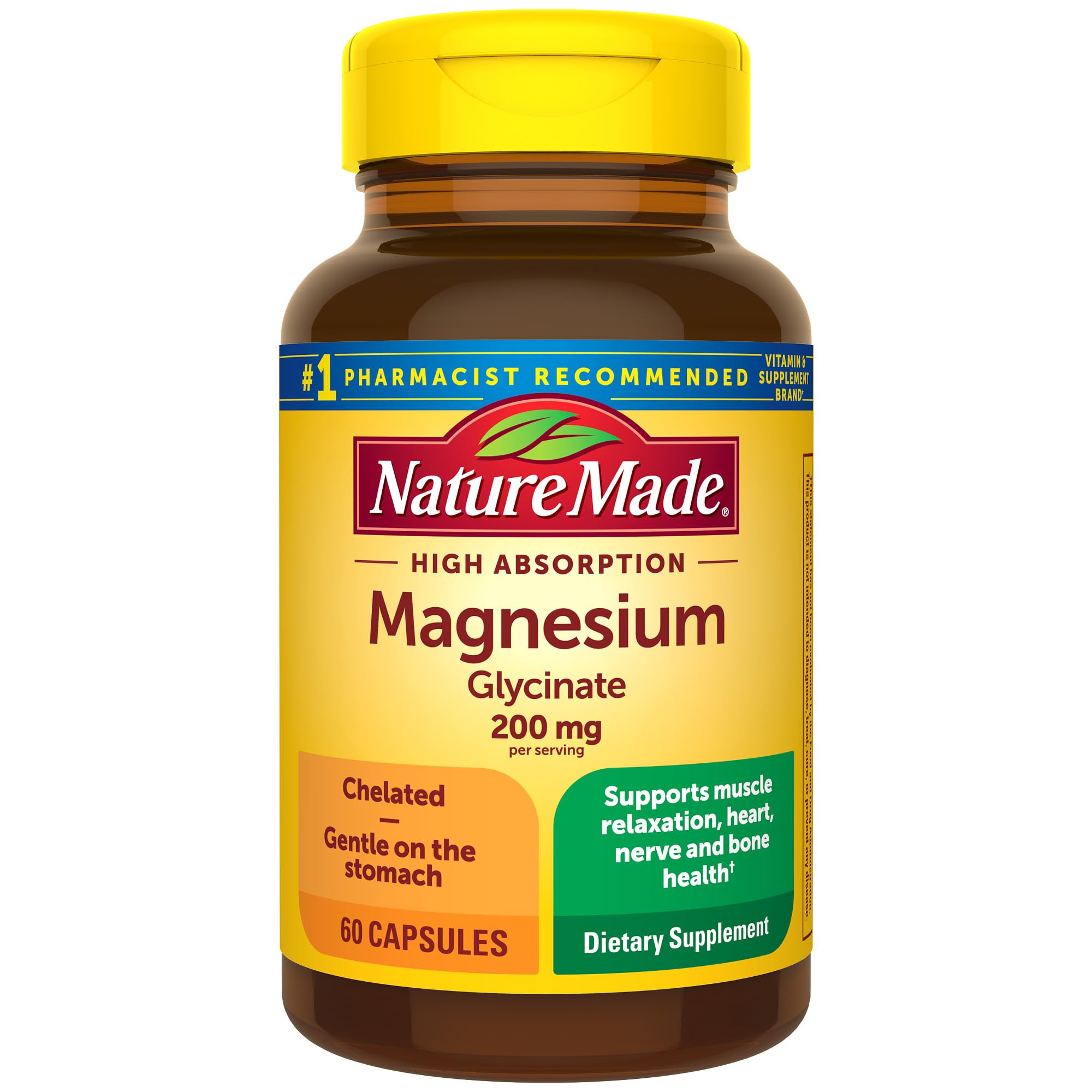 Buy now Nature Made Magnesium Glycinate 200 mg per Serving, Magnesium Supplement for Muscle, Heart, Nerve and Bone Support, 60 Magnesium Bisglycinate Capsules, 30 Day Supply at indiglob india