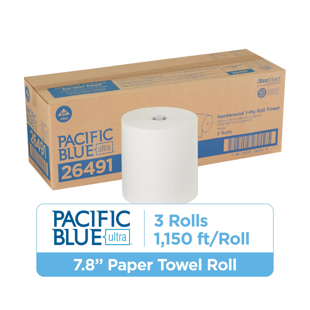 Georgia-Pacific, Pacific Blue Ultra 8'' High-Capacity Paper Towel Rolls, White, 26491, 1,150 Linear Feet Per Roll, 3 Rolls Per Case
