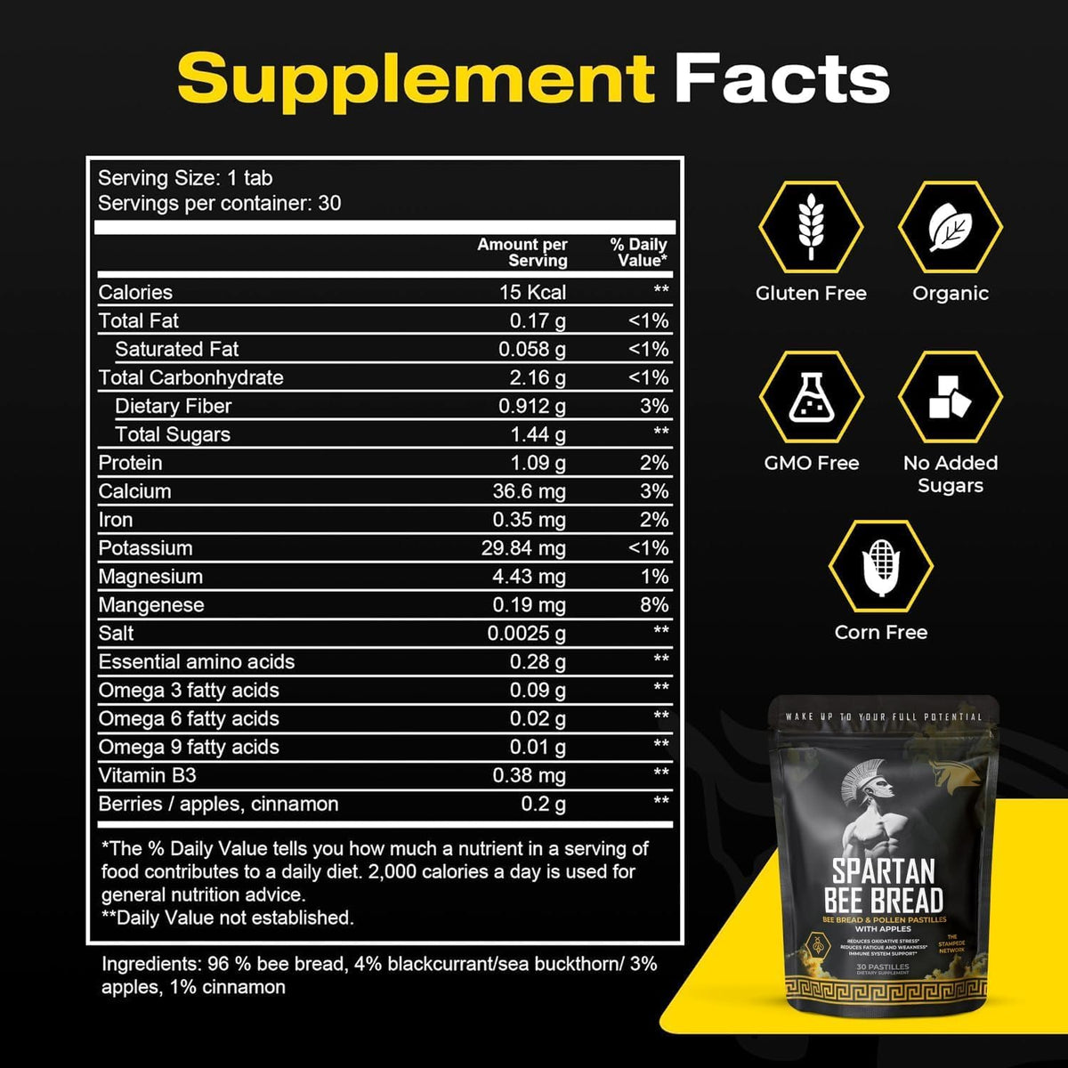 Spartan Bee Bread Chewables, Raw Organic Bee Pollen, Propolis, Royal Jelly