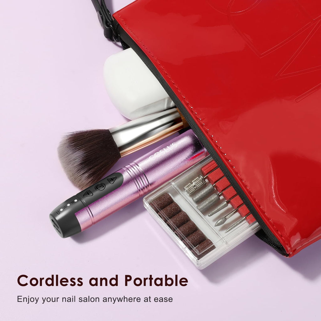 COSLUS C20 Cordless Nail Drill Electric File: Portable All-in-One Kit | Professional for Acrylic Gel Dip Powder Nails, Rechargeable Manicure & Pedicure Machine, Salon Home, Lightweight, Purple