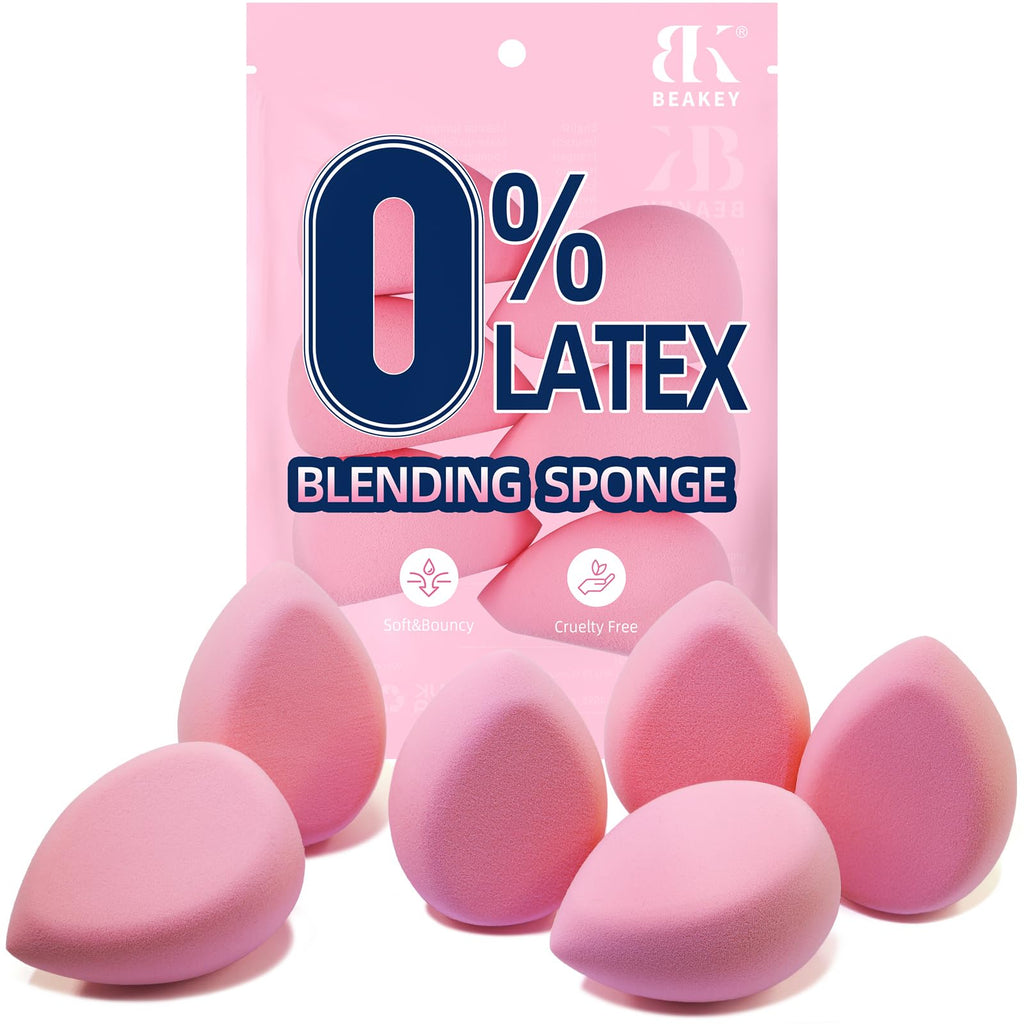 BEAKEY Makeup Sponge Set of 6, Super Soft Beauty Sponges for Foundation | for Liquid, Cream & Powder Application, Pink Blender for Flawless Blending, 0 Latex Vegan & Cruelty-Free, Reusable