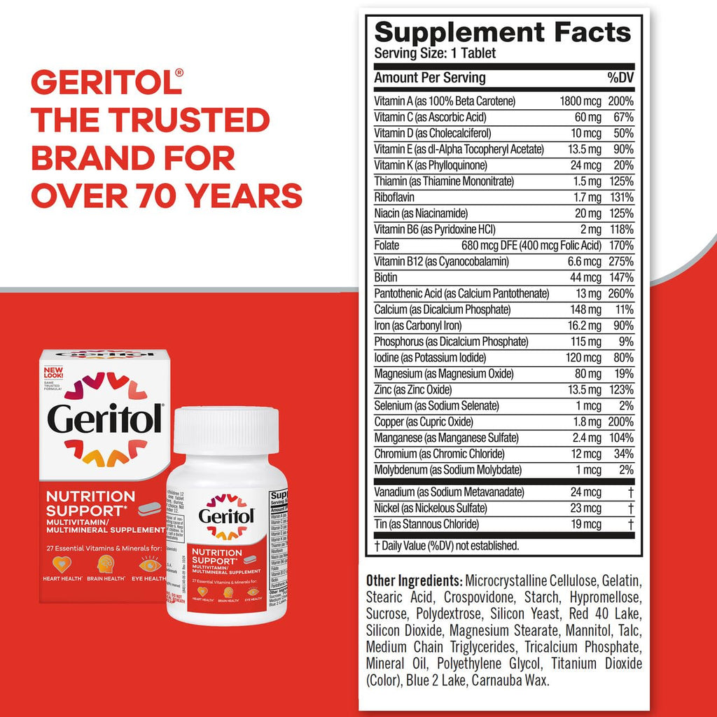 Geritol Multivitamin Supplement, 27 Essential Vitamins & Minerals, 40 Tabs | Daily support for adults, multivitamin tablets with 27 essential vitamins and minerals, gluten-free, non-GMO