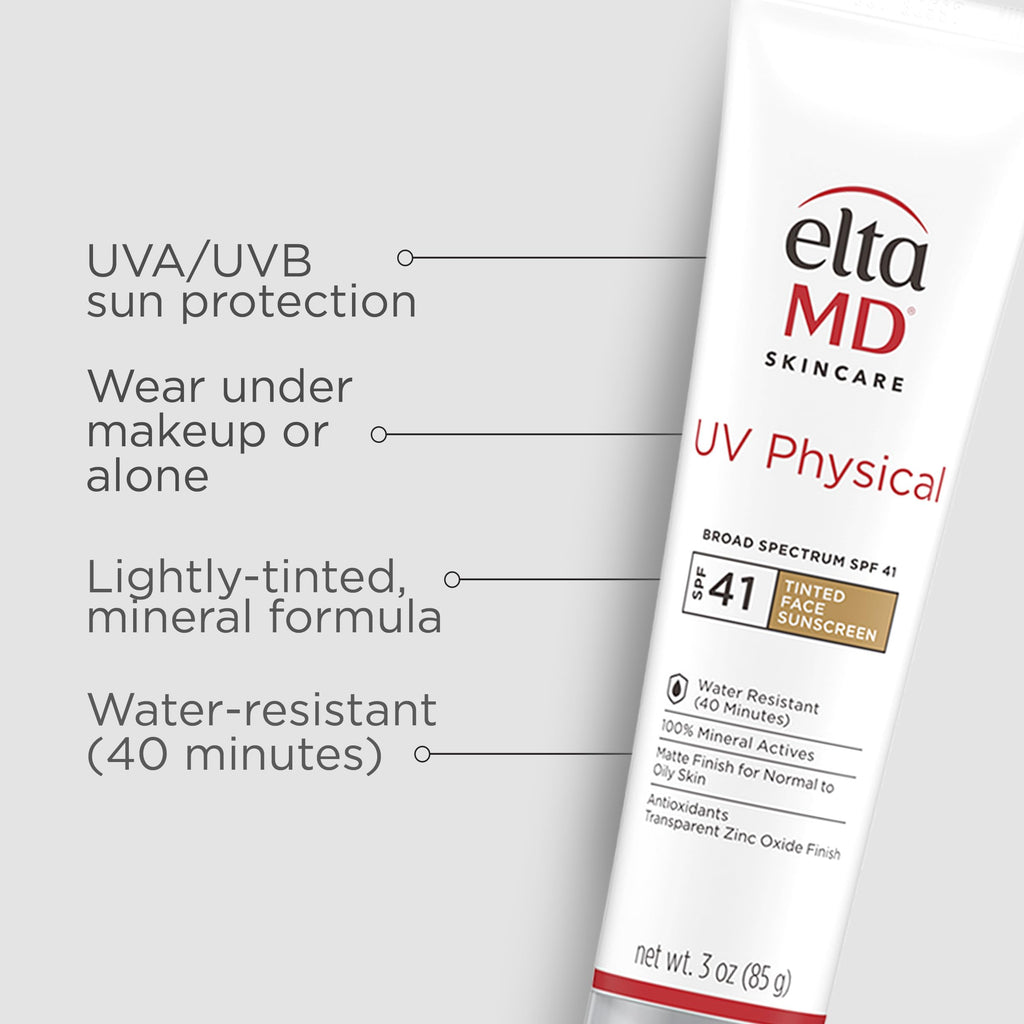 EltaMD UV Physical Tinted 100% Mineral Face Sunscreen, SPF 40 and 41 | Formulated with Antioxidants, 100% Mineral Actives, Transparent Zinc Oxide Finish, Water Resistant Up to 40 Minutes