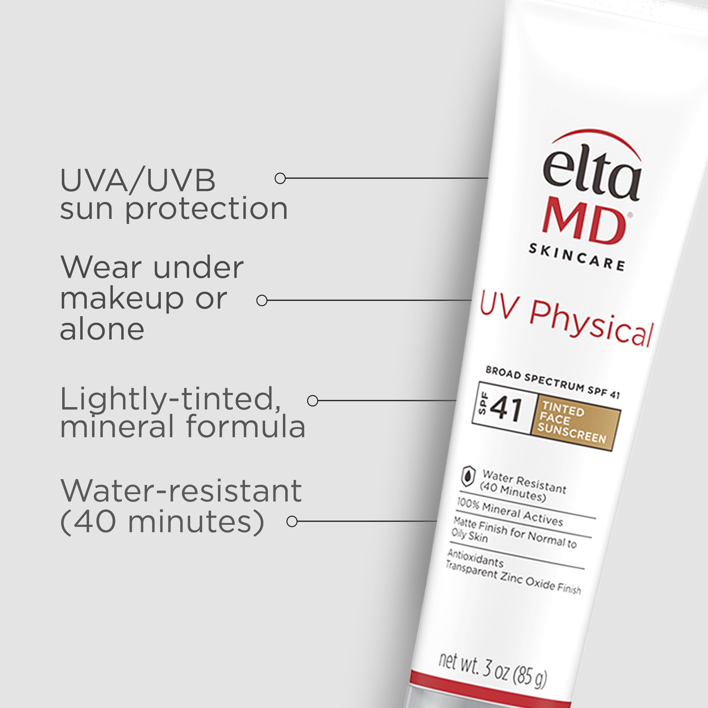 EltaMD UV Physical Tinted 100% Mineral Face Sunscreen, SPF 40 and 41 | Formulated with Antioxidants, 100% Mineral Actives, Transparent Zinc Oxide Finish, Water Resistant Up to 40 Minutes