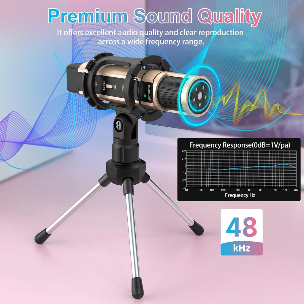 Buy now ZealSound Studio Recording Microphone, Condenser Broadcast Microphone w/Stand Built-in Sound Card Echo Recording Karaoke Singing for Phone Computer PC Garageband Smule Live Stream & YouTube (Gold) at indiglob india